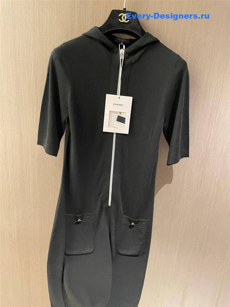 Ch**el zip hooded dress black