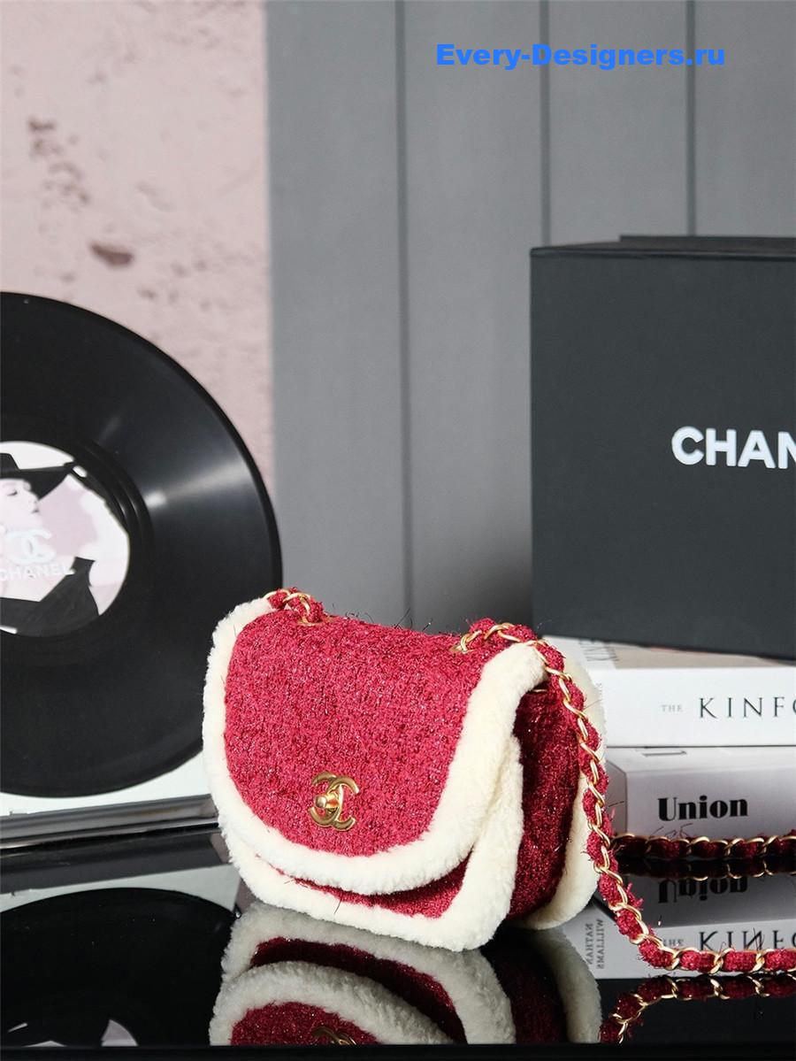 Ch**el tweed shearling shoulder bag burgundy