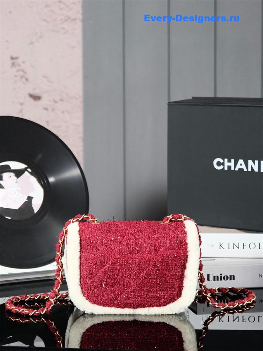 Ch**el tweed shearling shoulder bag burgundy