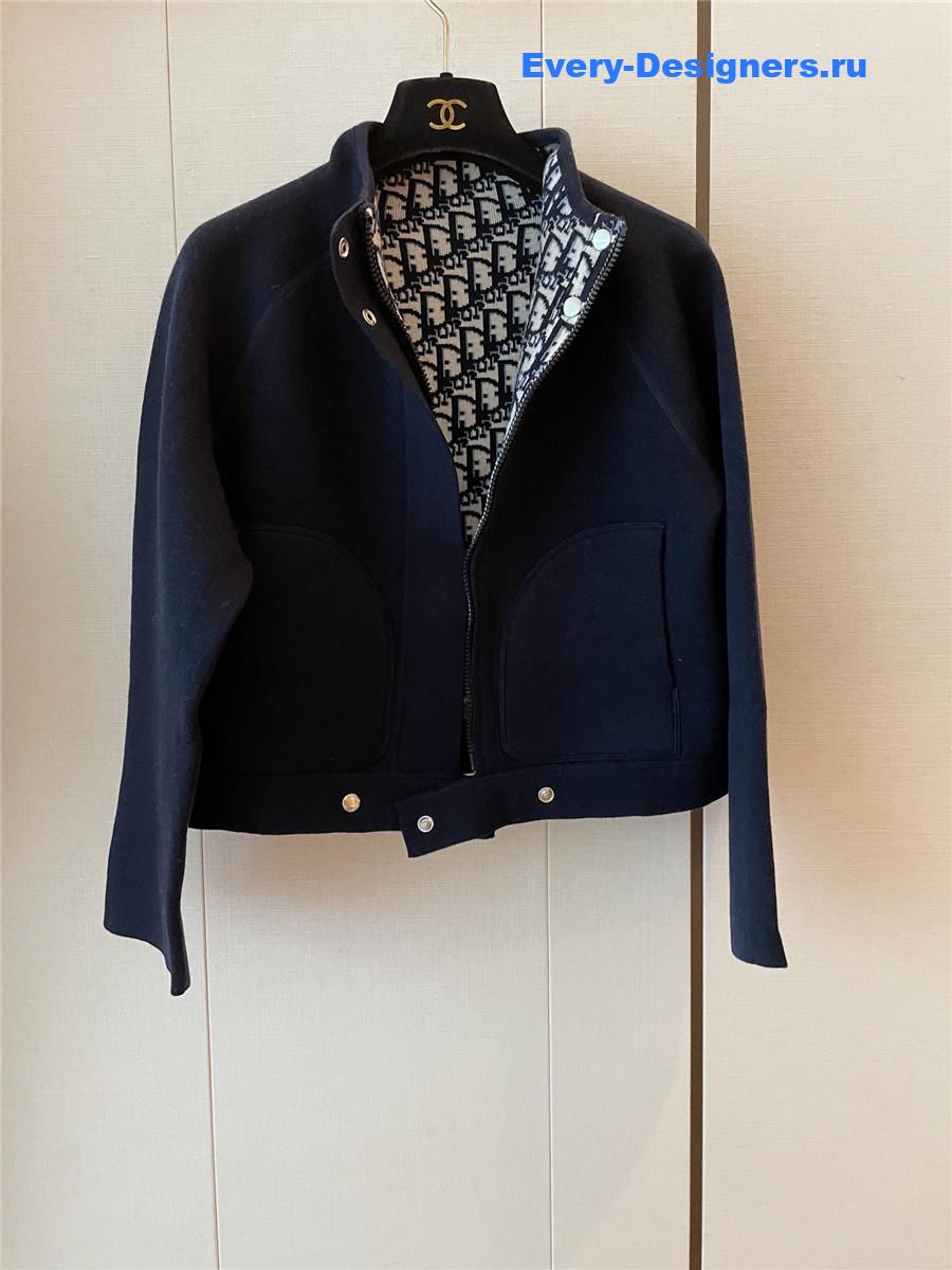 D10r oblique knitted wool zip-up jacket blue