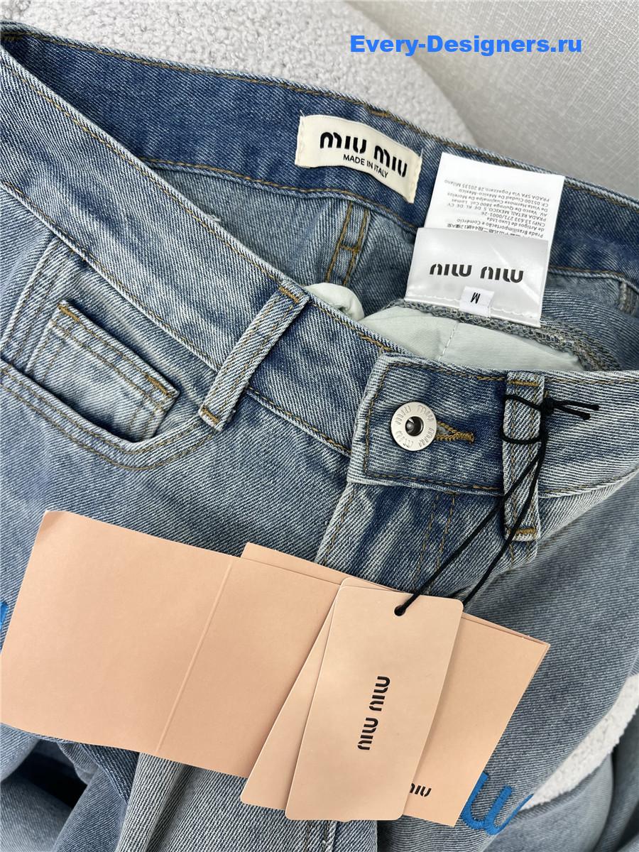 Miu Miu Blue Embroidered Logo Straight Jeans