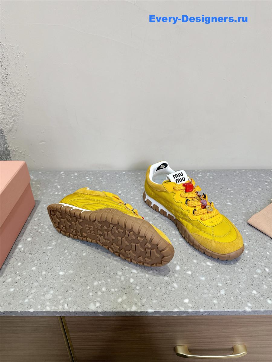 Miu Miu Ivory Tyre Technical Fabric Suede Sneakers Yellow