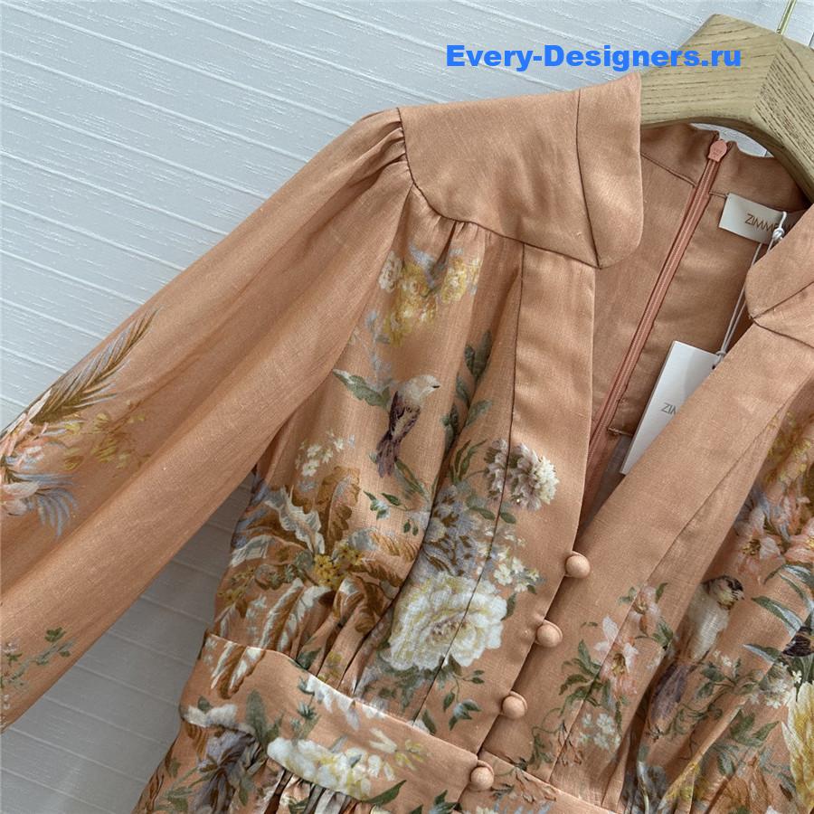 Zimm Tallow Pleated Floral-Print Linen Mini Dress