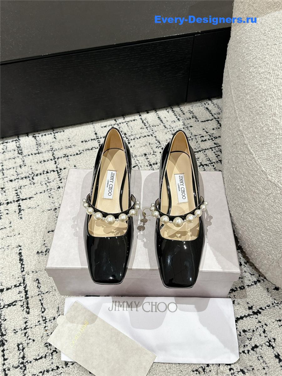 J1m*y Ch00 black patent leather bing pump flat
