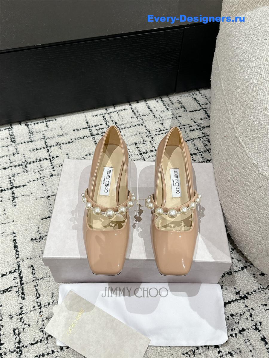 J1m*y Ch00 beige patent leather bing pump flat
