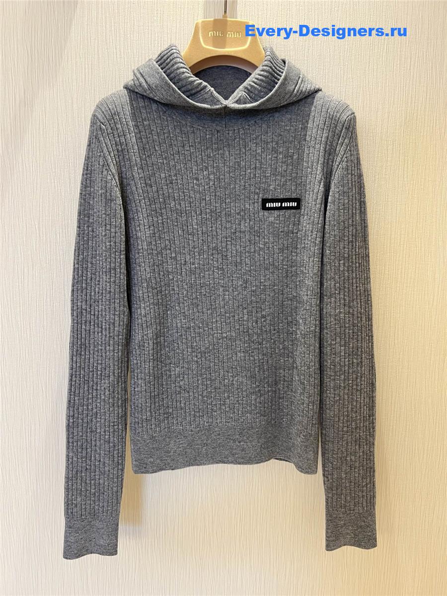 Miu Miu Logo Grey Tight Long Sleeve Hooded Sweater