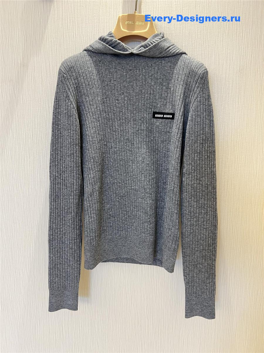 Miu Miu Logo Grey Tight Long Sleeve Hooded Sweater