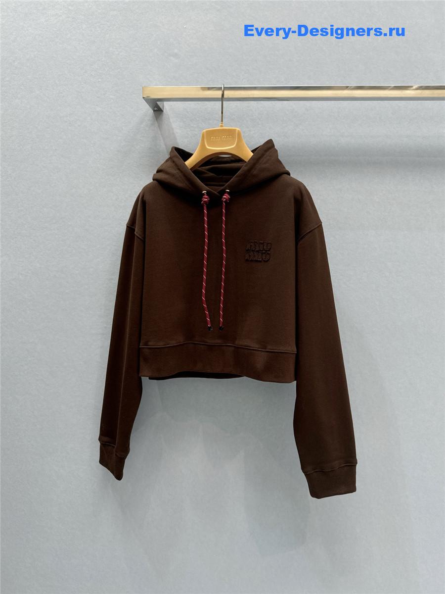 Miu Miu Logo Hoodie in brown cotton with drawstring
