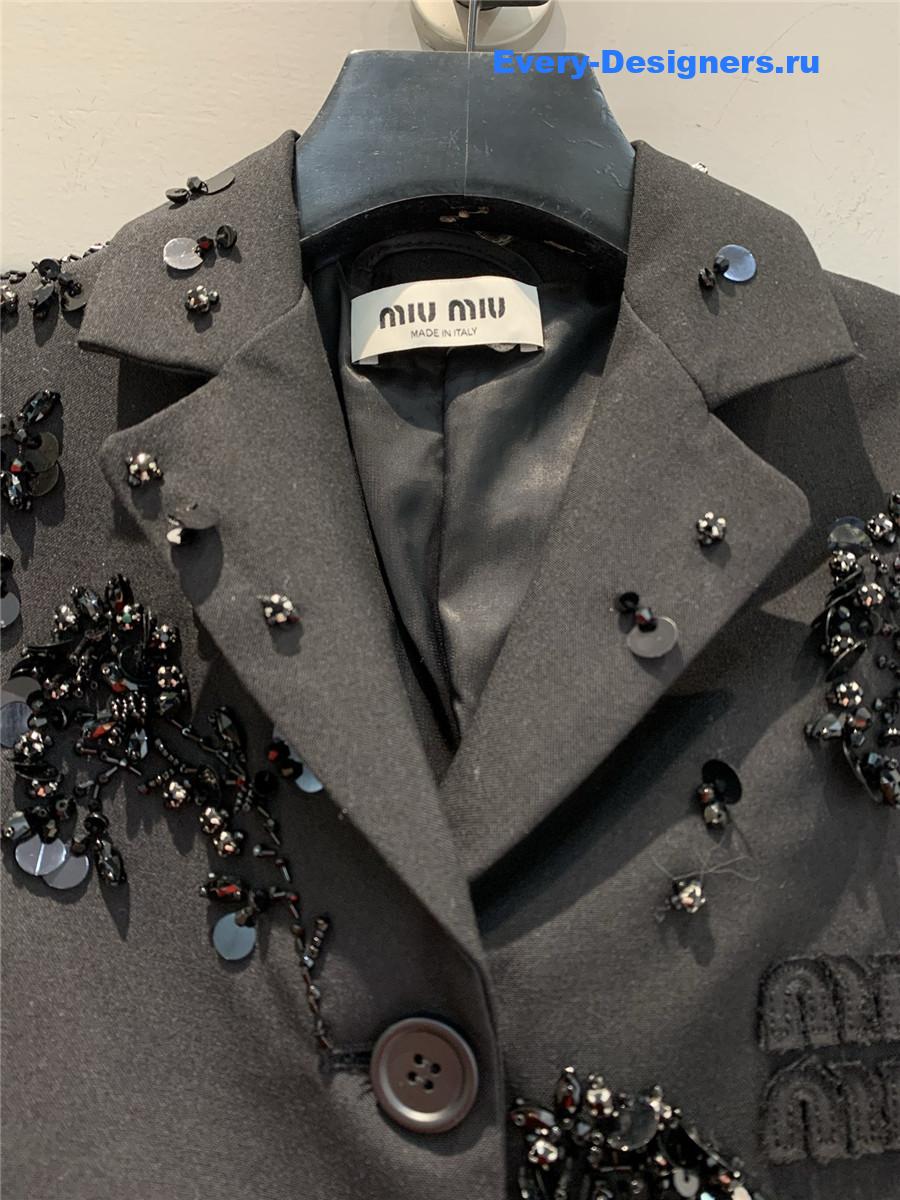 Miu Miu Tonal Floral Sequined Logo Mohair Wool Blazer