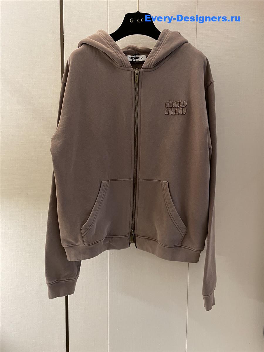 Miu Miu Logo Zip-Up Hoodie in Brown