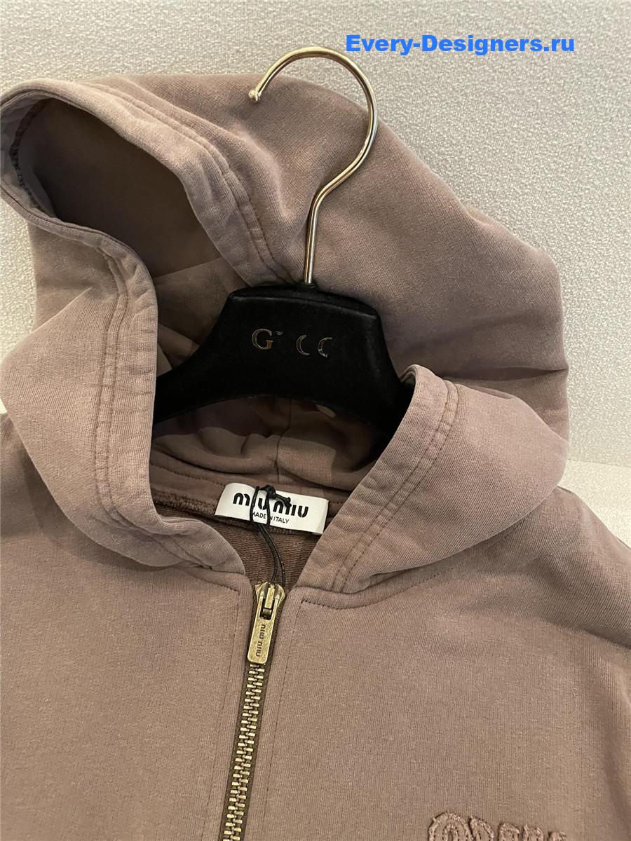 Miu Miu Logo Zip-Up Hoodie in Brown