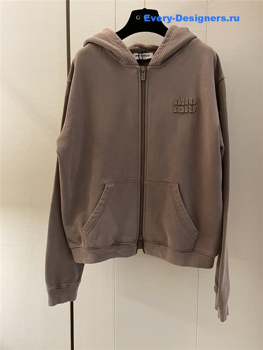 Miu Miu Logo Zip-Up Hoodie in Brown
