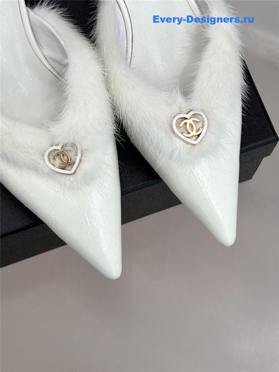 Ch**el rabbit fur pointed toe mules white