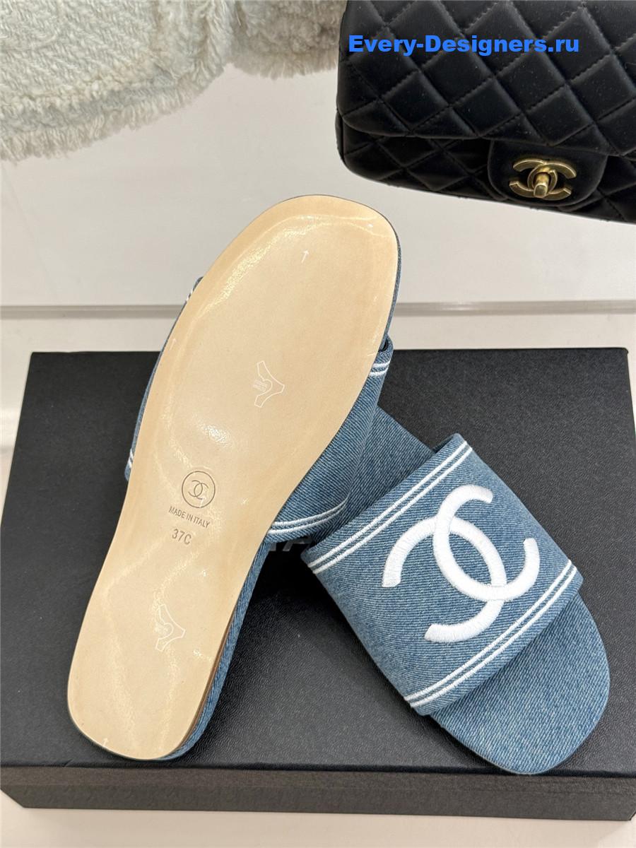 Ch**el light blue denim embroidery flat slippers