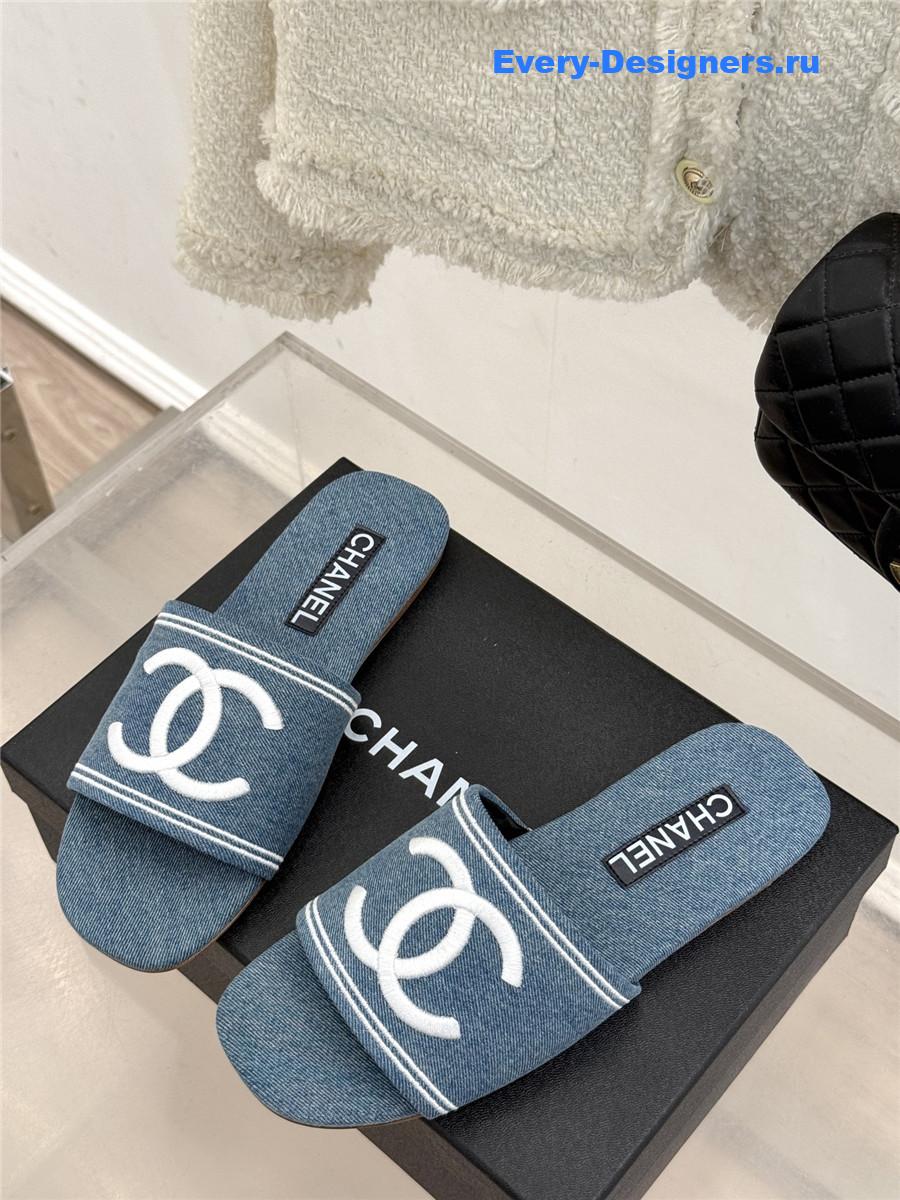 Ch**el light blue denim embroidery flat slippers