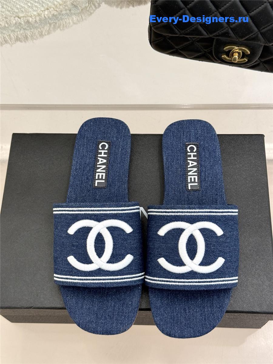 Ch**el denim embroidery flat slippers