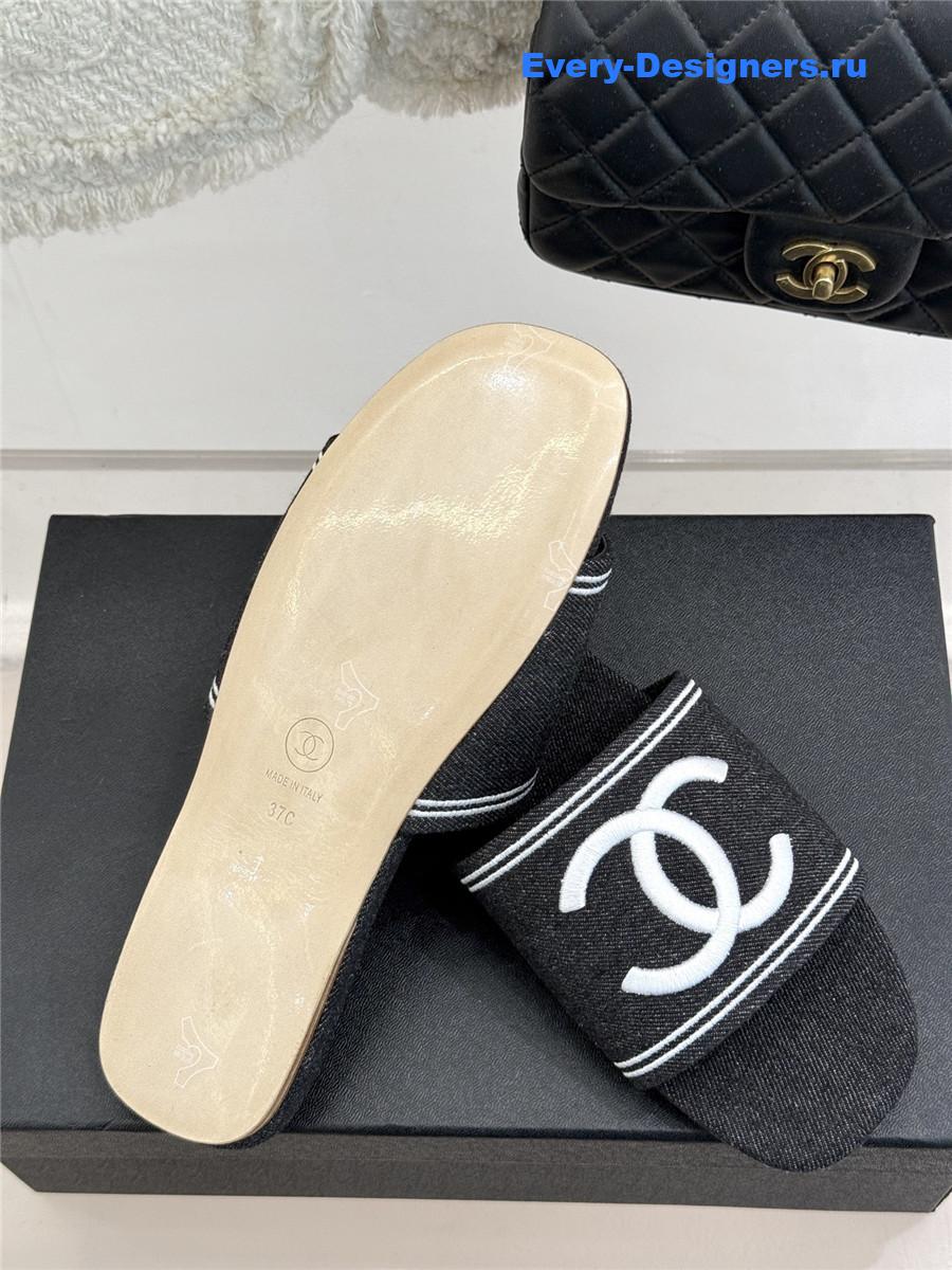 Ch**el black denim embroidery flat slippers