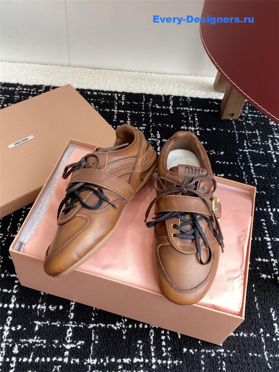 Miu Miu Brown Leather Buckle Detail Low-Top Sneakers