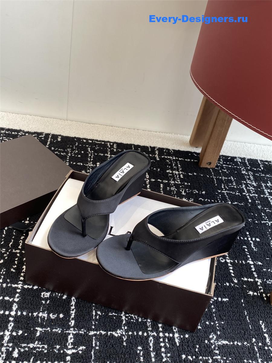 Alaia Black Satin Wedge Sandals