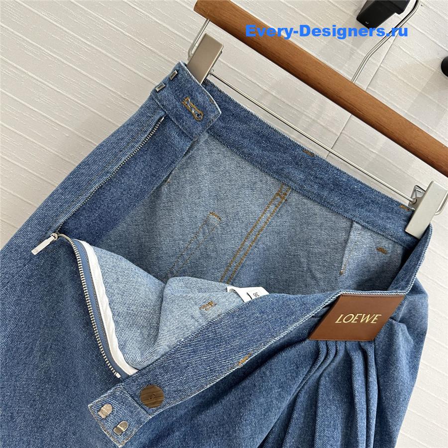 L0ew* leather-trimmed draped denim mini skirt