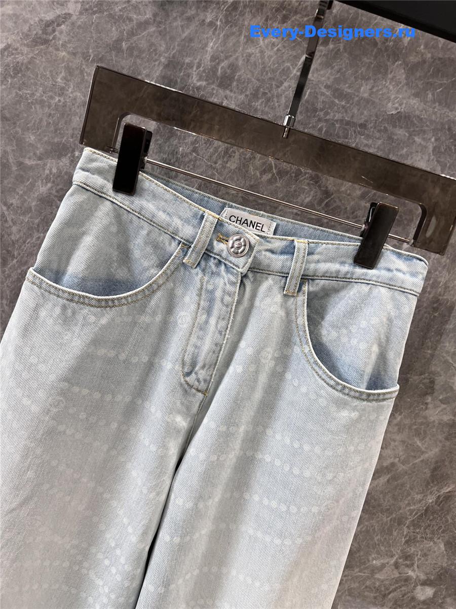 Ch**el pearl print logo light blue wide-leg jeans