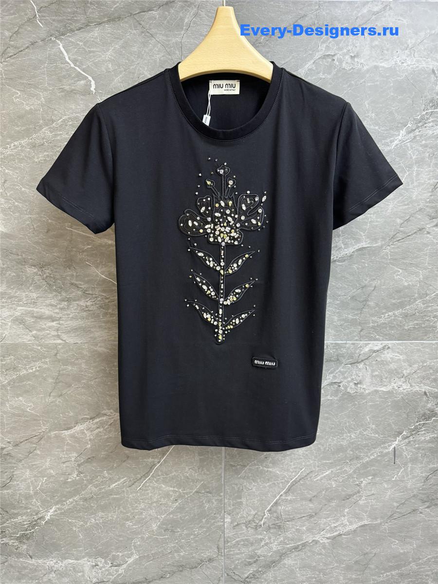 Miu Miu Beaded Embroidered T-Shirt Black