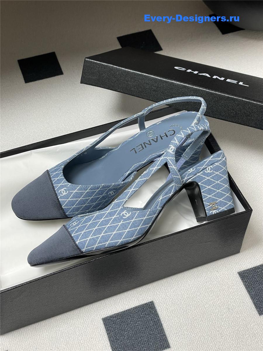 Ch**el denim slingback block heels