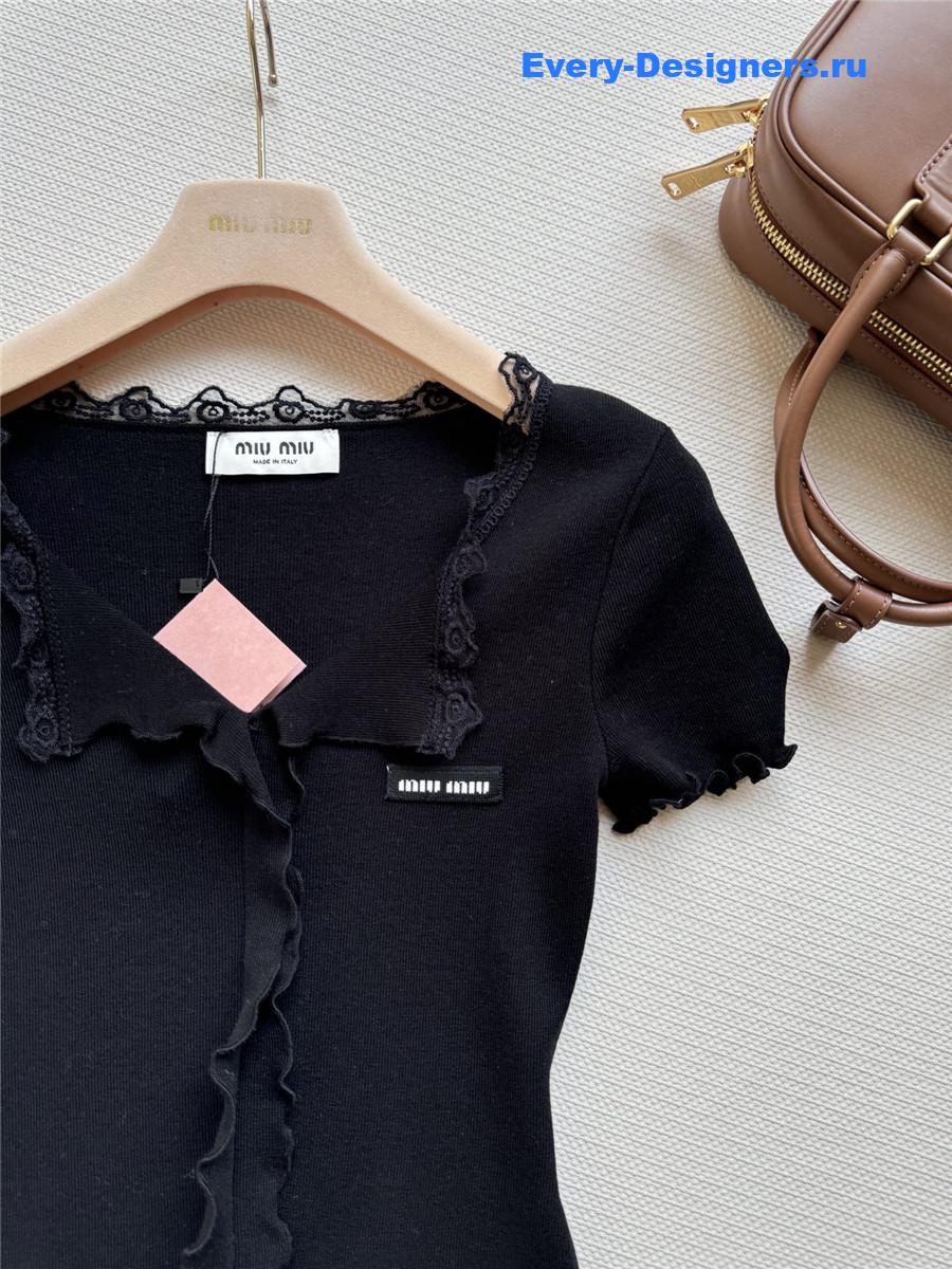 Miu Miu Wave Lace Knit Top Black