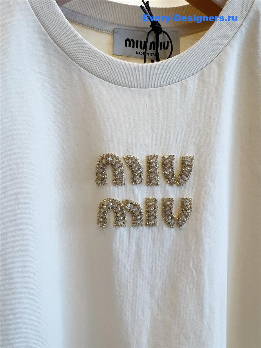 Miu Miu Logo-Embellished Crewneck T-Shirt in White