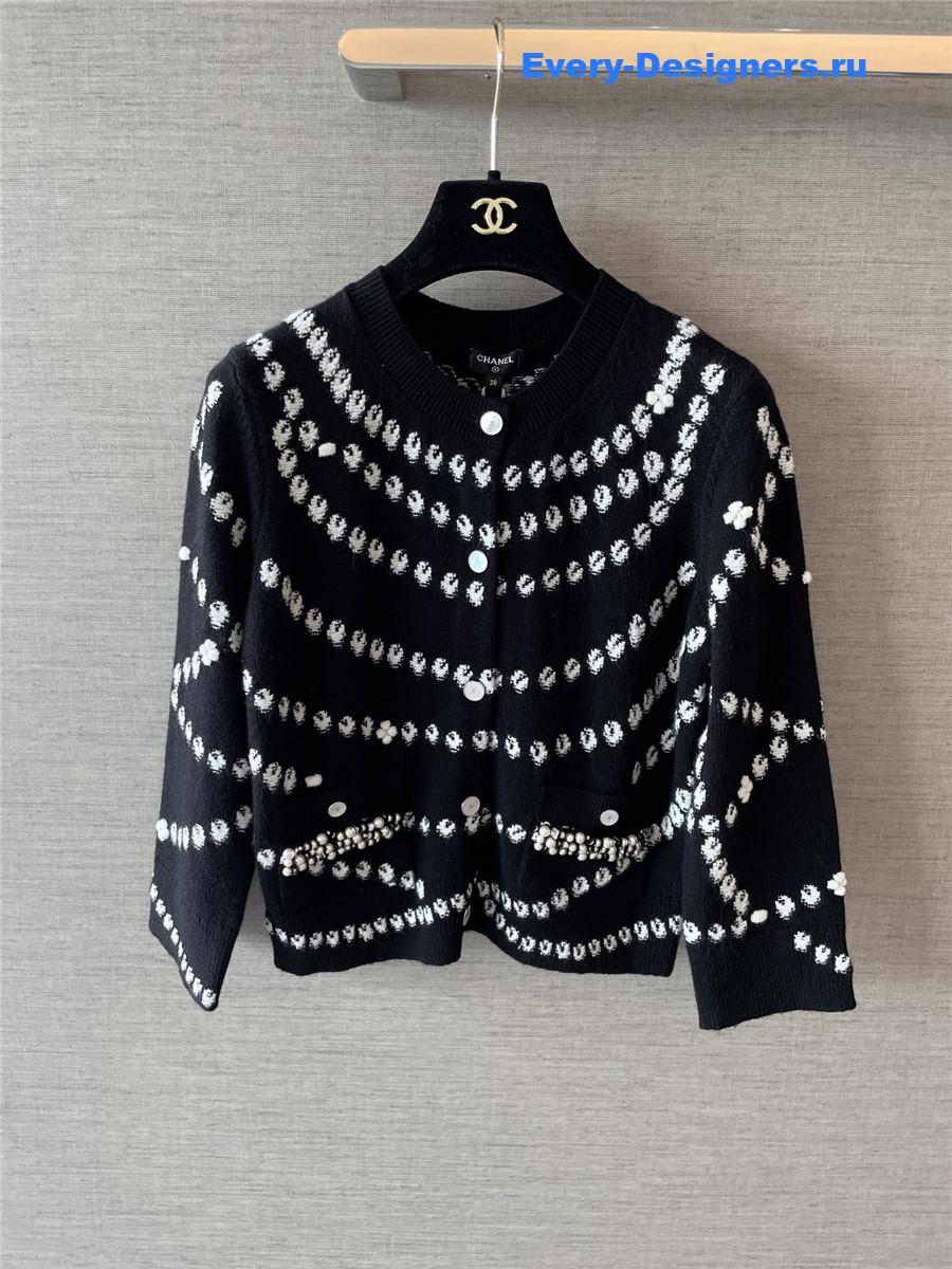 Ch**el black stripe pearl cardigan