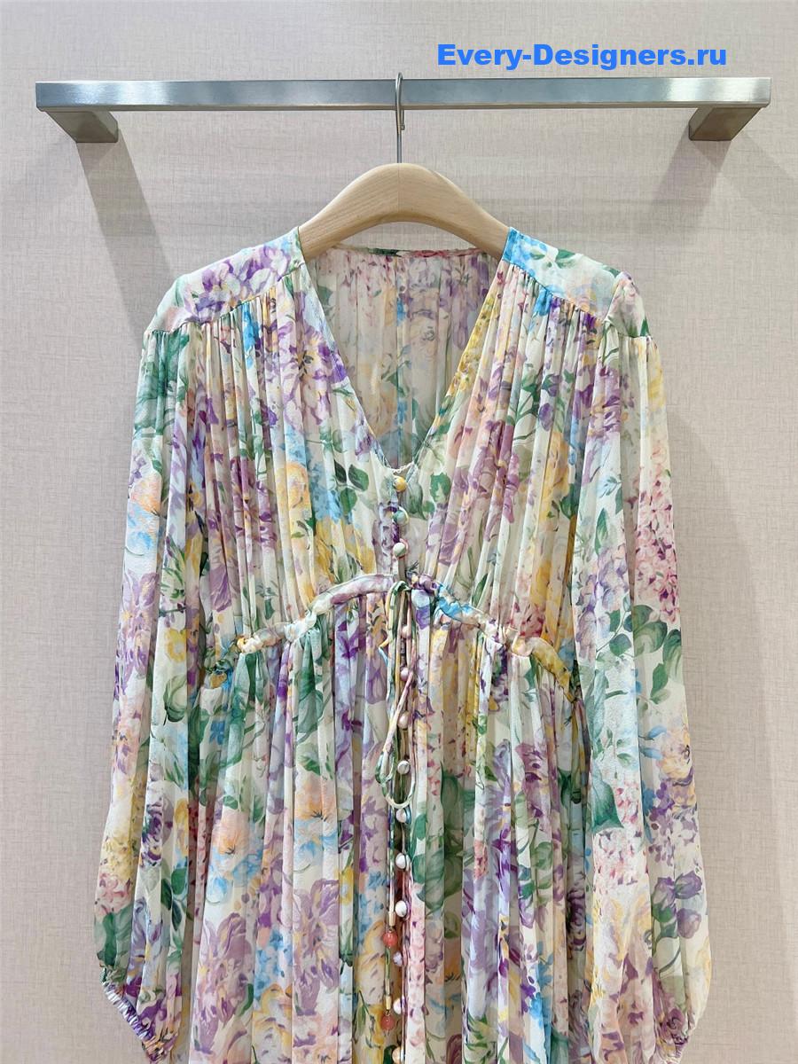 Zimm Floral Frill Sleeve Linen Dress