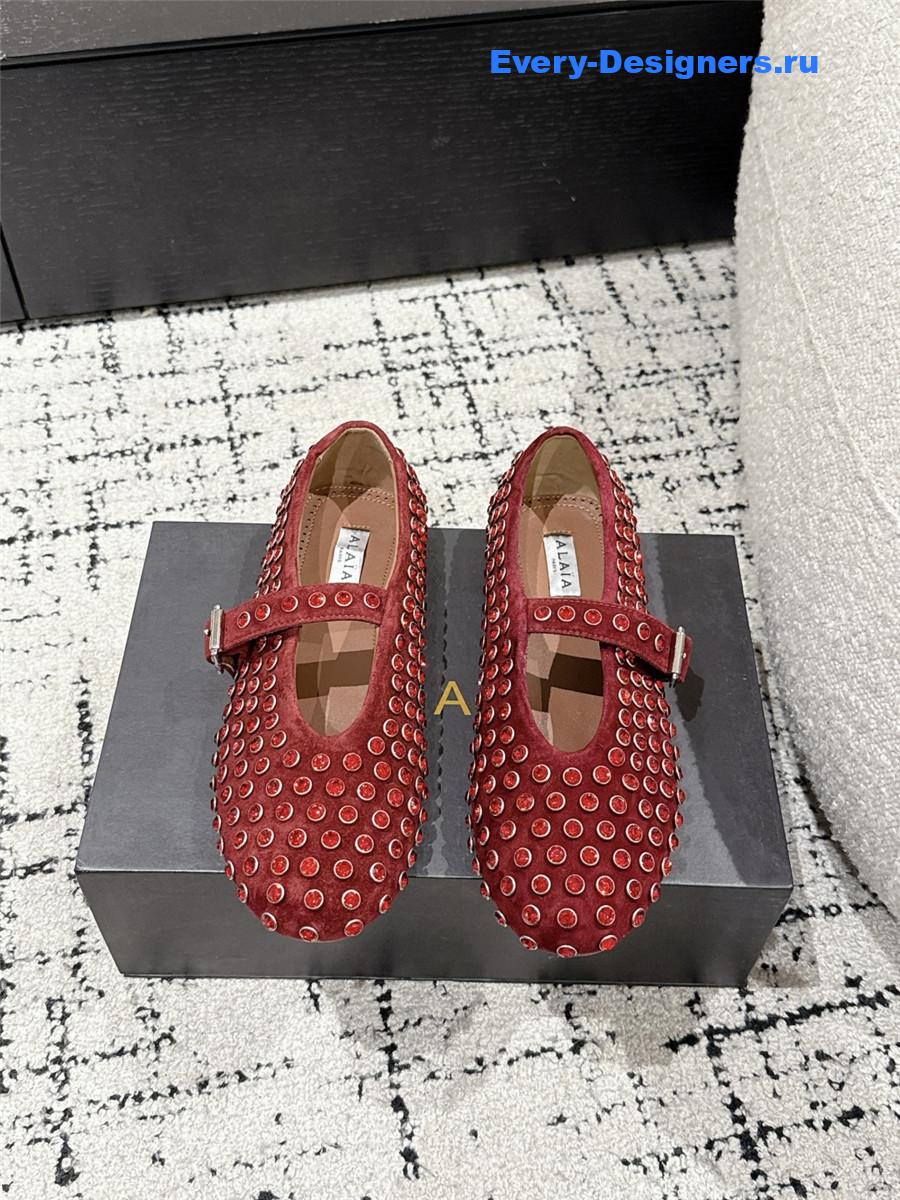 ALAÏA Garnet Red Strass Ballet Flats