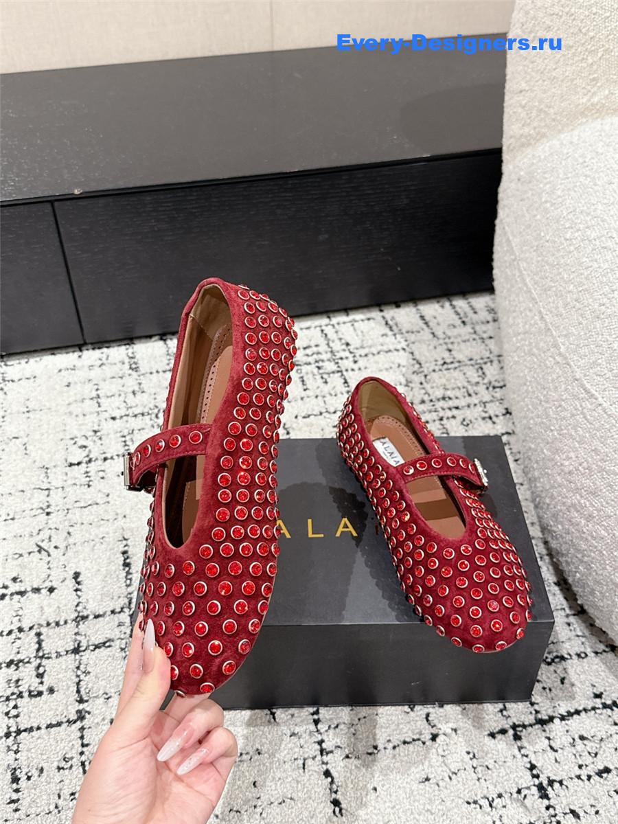 ALAÏA Garnet Red Strass Ballet Flats
