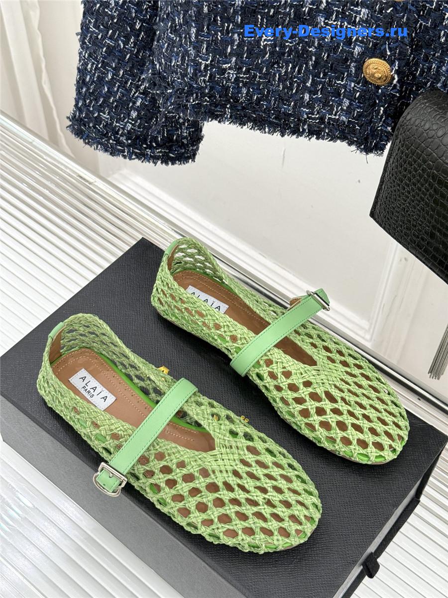 ALAÏA Green Woven Mesh Ballet Flats