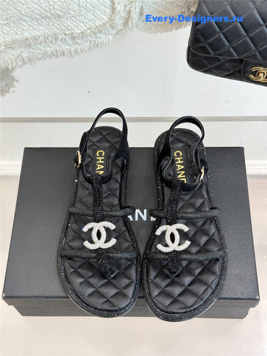 Ch**el black rhinestone cc flip flops
