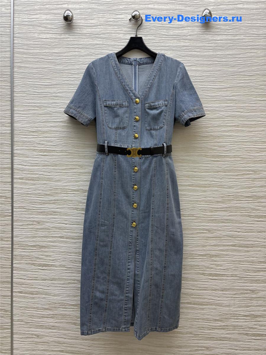 Ce1i*e v-neck belt denim dress
