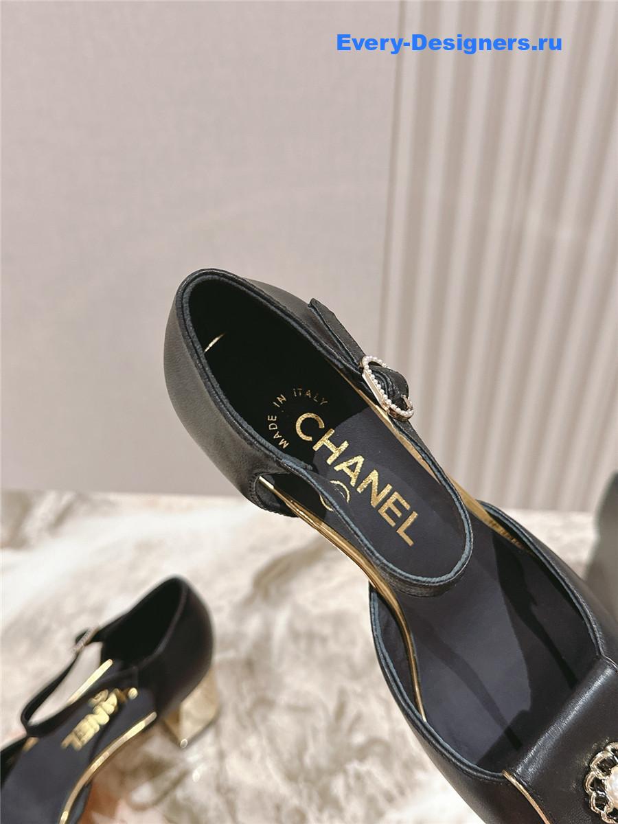 Ch**el black leather ankle strap pumps