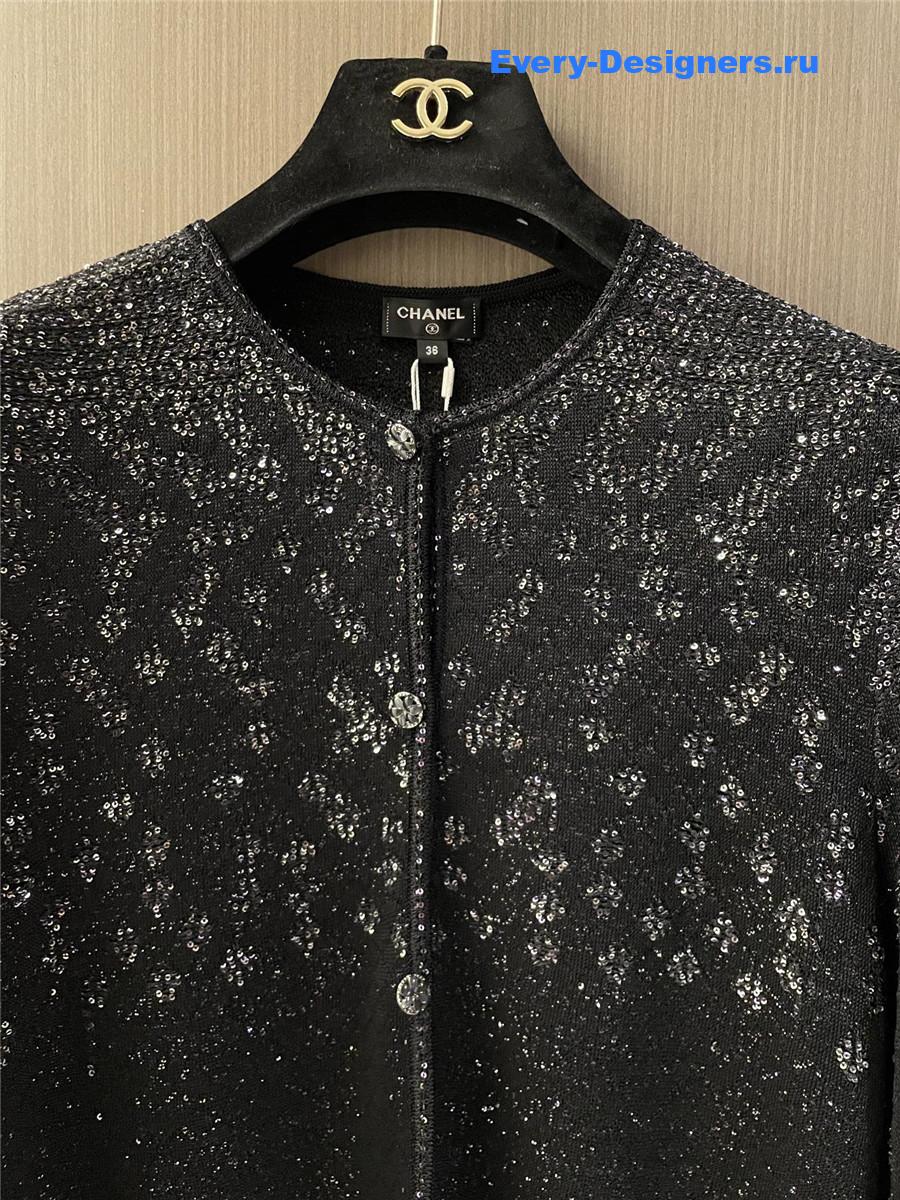 Ch**el black sequin crew neck cardigan