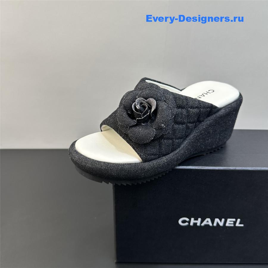 Ch**el black camellia wedge slippers