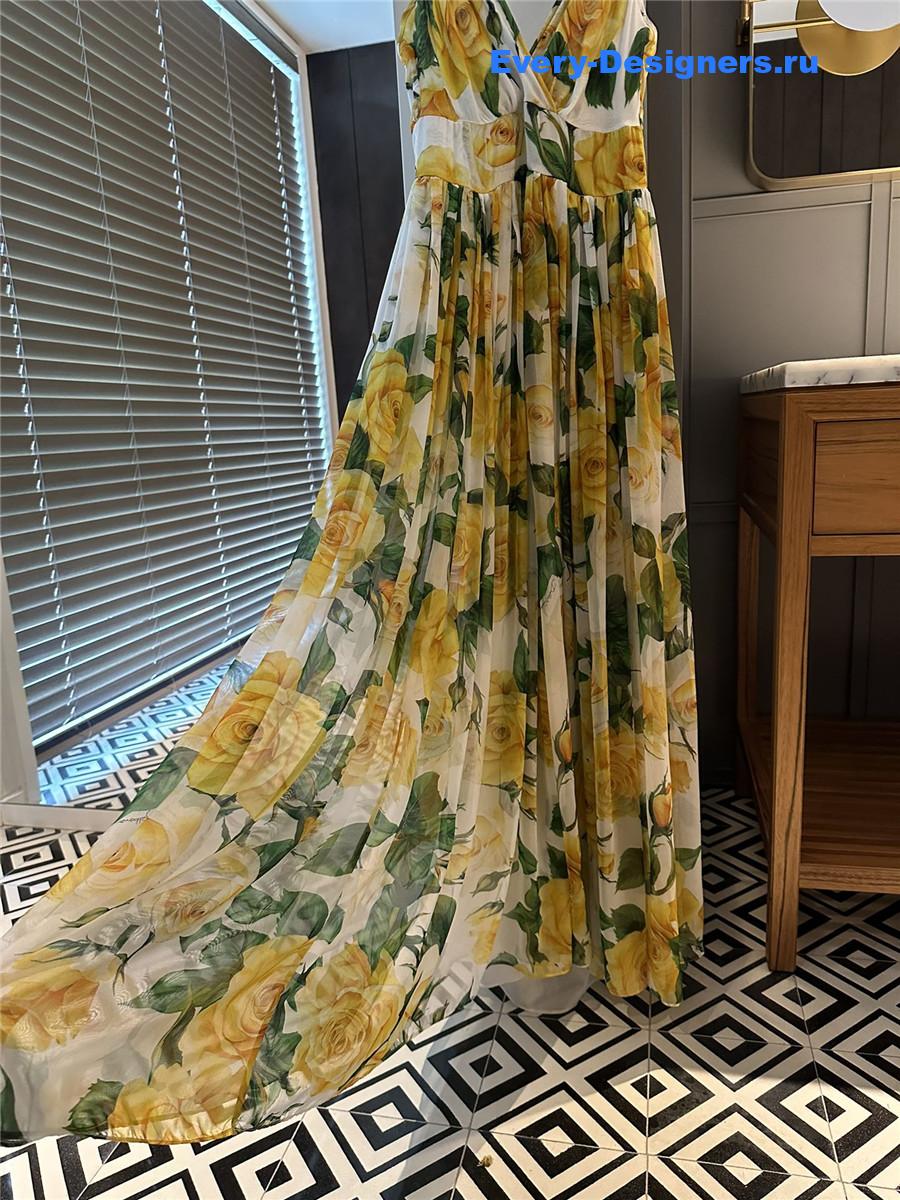Dolce & Gabbana Yellow Rose-Print Silk Maxi Dress