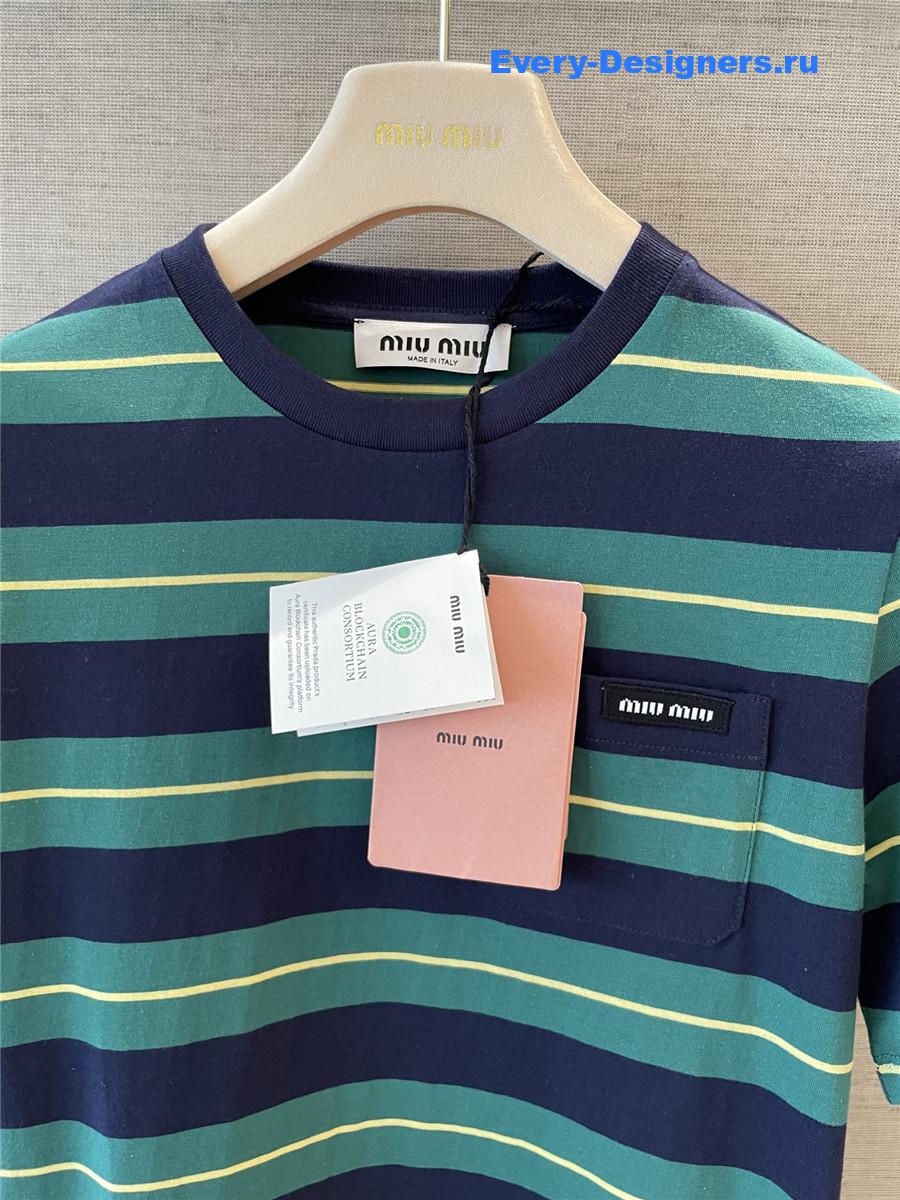 Miu Miu Green Striped Cotton T-Shirt
