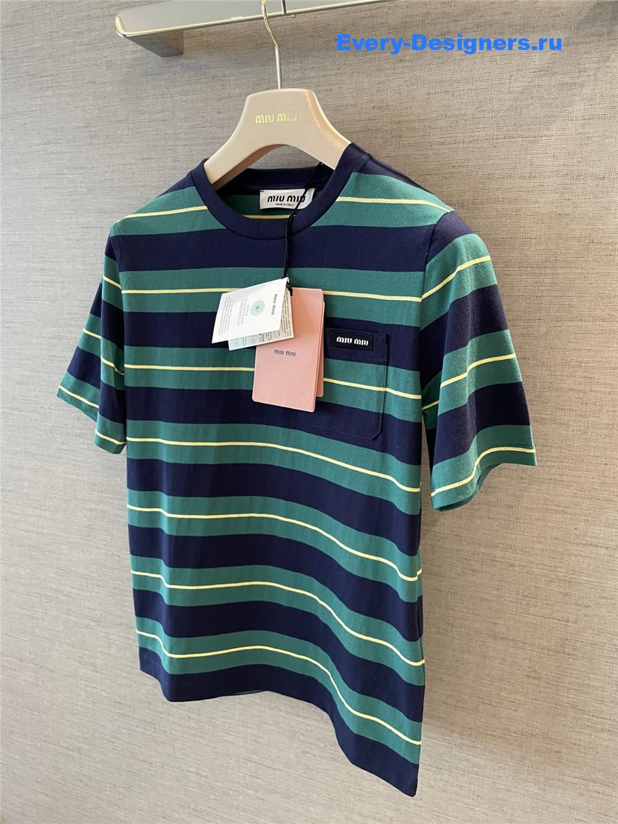 Miu Miu Green Striped Cotton T-Shirt