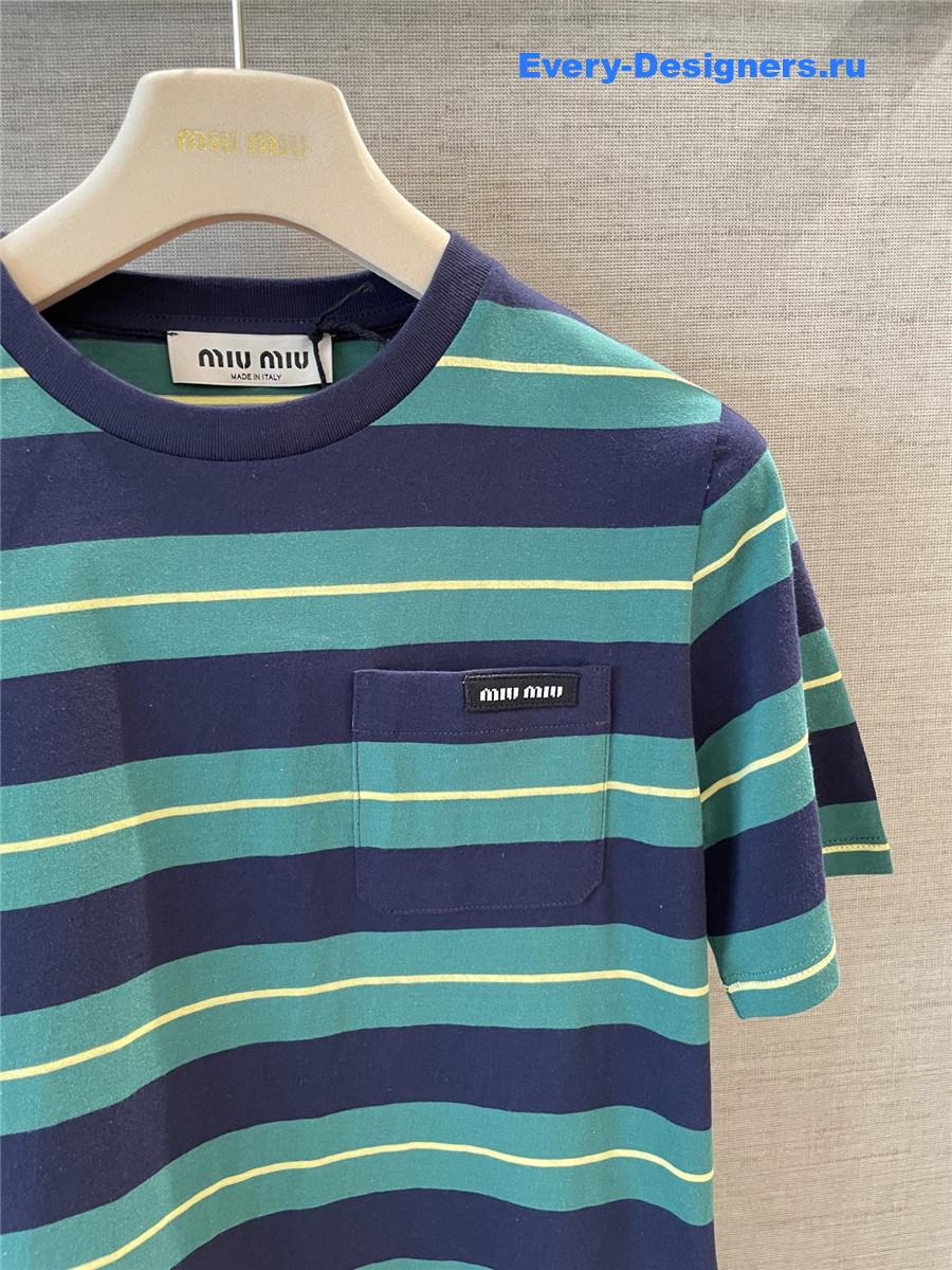 Miu Miu Green Striped Cotton T-Shirt