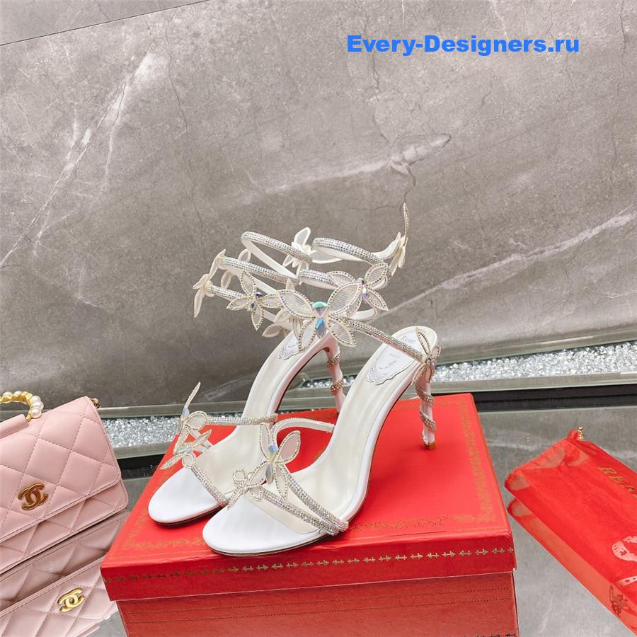 René Caovilla White Floral Rhinestone Sandals
