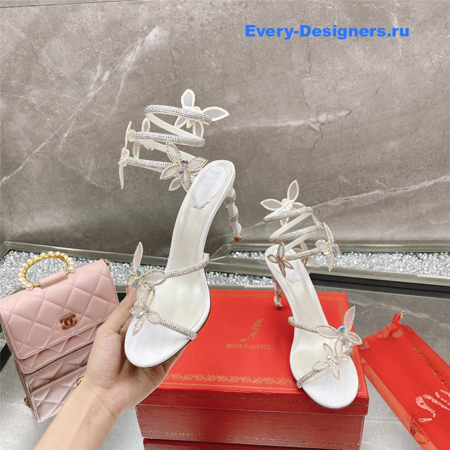 René Caovilla White Floral Rhinestone Sandals