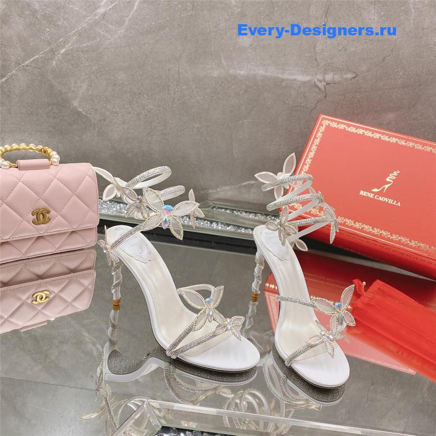 René Caovilla White Floral Rhinestone Sandals