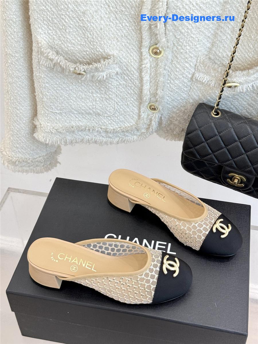 Ch**el mesh rhinestone cc chunky heel slippers