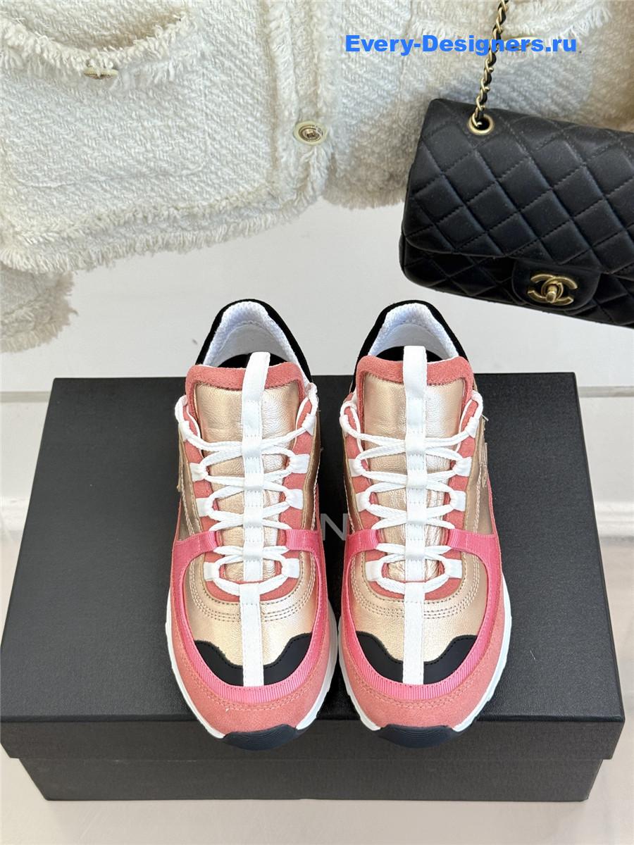 Ch**el laminated calfskin suede pink trainers