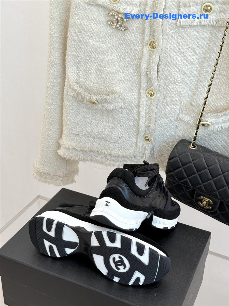 Ch**el laminated calfskin suede black trainers