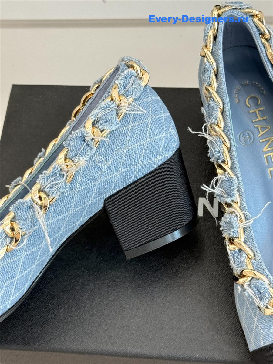 Ch**el blue tweed chain pumps